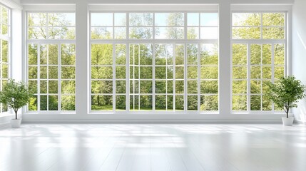 Wall Mural - Bright, airy room with large windows overlooking a lush green garden.