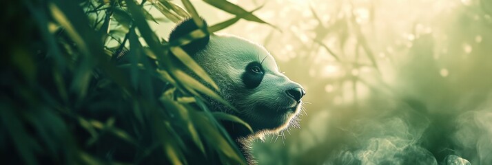 Poster - Panda resting quietly among lush bamboo in a serene forest during daylight hours. Generative AI