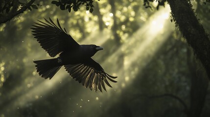 Poster - A crow in flight, sunlight streams through forest canopy.