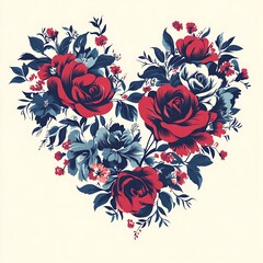 Wall Mural - Red and blue roses forming heart shape on a cream background. Floral design for greeting cards.