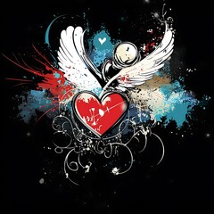 Canvas Print - Angel with wings holding a red heart, paint splatter, dark background. Graphic resources