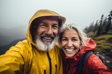 Smiling portrait of a senior Hikers taking a selfie while on hike