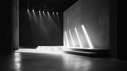 Poster - Monochromatic runway with soft lighting and minimalist design creating a serene atmosphere for fashion shows. Generative AI