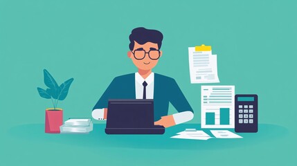 Aufkleber - Businessman happily works on his laptop amidst a sea of documents in his office