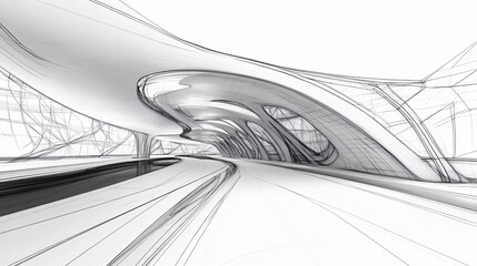 Poster - architectural sketch of a futuristic building interior featuring a fluid design with sweeping lines 