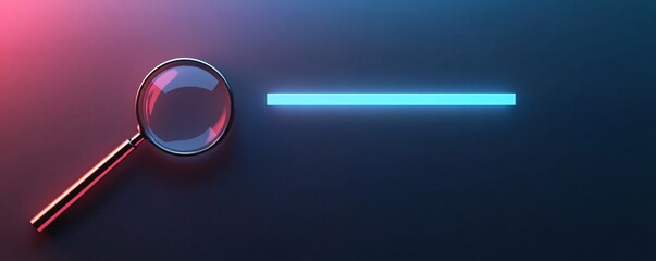 Poster - Examining a bright blue neon tube with a magnifying glass casting a shadow against a dark background with pink and blue lighting