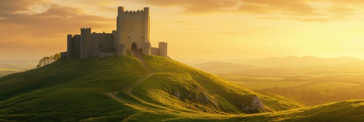 Poster - Medieval castle on a green hill under a golden sunset sky in a serene landscape. Generative AI