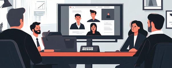 Aufkleber - Business team conducting a video conference with international partners while sitting at the meeting table in the office