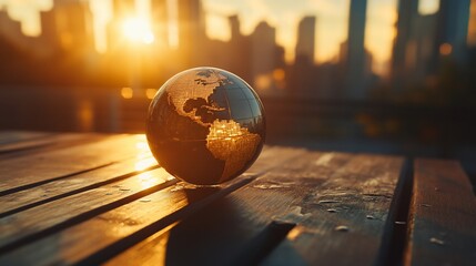 Wall Mural - Glass globe on wooden surface at sunset with city skyline background.