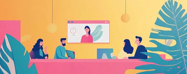 Aufkleber - Office workers attending an online meeting with a female colleague, in a modern, bright open space