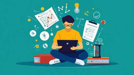 Poster - Student is learning new things and studying hard, surrounded by the concepts he is learning