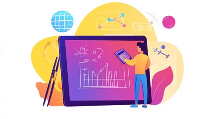 Poster - Businessman uses a calculator to analyze financial data on a large digital tablet