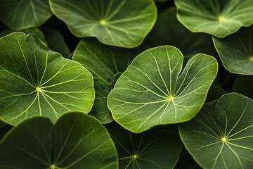 Wall Mural - Close-up of vibrant green leaves with prominent veins, forming a natural texture background.