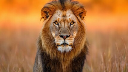 Poster - Regal lion with a glowing golden mane illuminated by sunset light for a captivating portrait. Generative AI