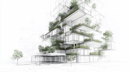 Poster - Modern architectural rendering of a multi-story building with green plants on each level