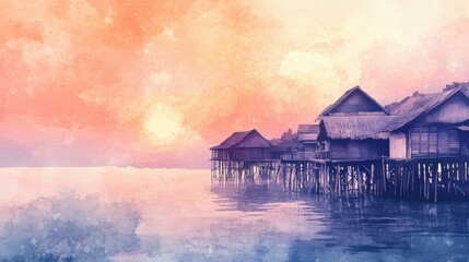 Poster - Peaceful watercolor illustration of a fishing village by the sea with stilted houses at sunset. Generative AI