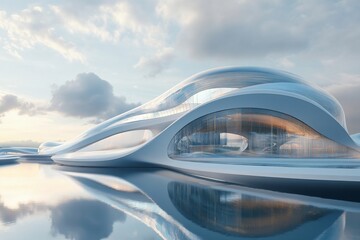 Wall Mural - Futuristic architecture reflecting on calm water at sunrise.