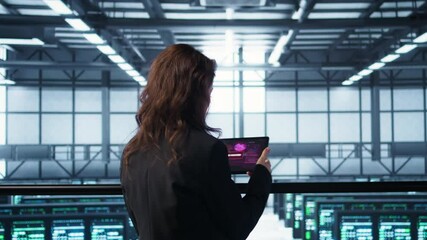 Poster - data center engineer stressed by cyberattack affecting devices, trying to protect critical systems. 