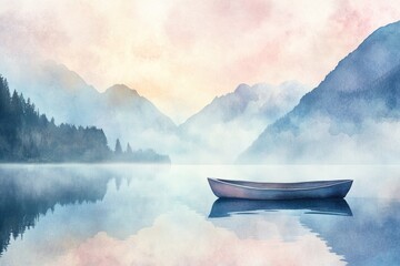 Poster - Serene watercolor illustration of a single rowboat on a calm mountain lake with a tranquil sky for text placement. Generative AI