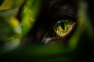 Poster - Close-up of a cat's luminous green eye peering from behind lush green foliage.