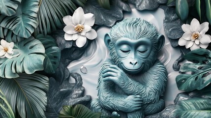 Wall Mural - Serene teal monkey nestled in lush tropical foliage and tranquil water.