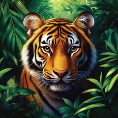 Fototapete - Majestic tiger portrait capturing intense gaze amid lush jungle foliage. Generative AI