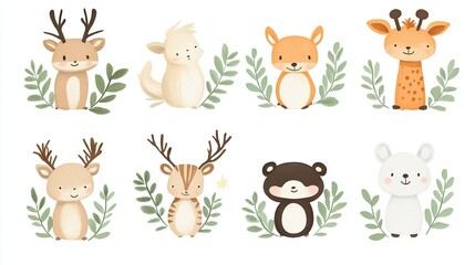  Cute cartoon animals including deer, fox, and bear surrounded by greenery in a playful design