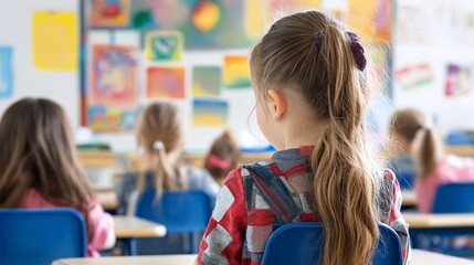 Poster - Elementary school student girl sitting at desk in classroom