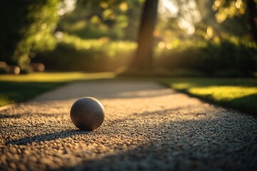 Poster - A single bocce ball rests on a sun-drenched gravel path in a park, with lush greenery and trees softly blurred in the background.