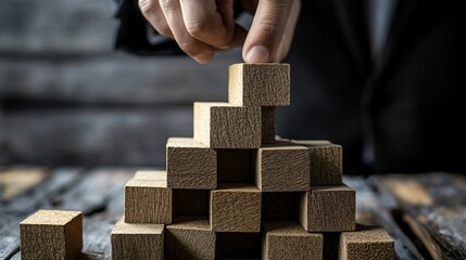 Poster - Businessman building a tower with wooden blocks on a table