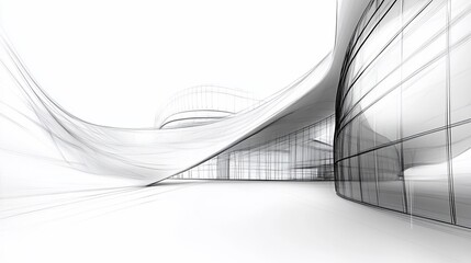 Poster - Modern Architectural Drawing Depicting a Sleek Building with Curved Lines and Glass Walls