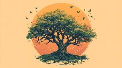 Sticker - Green tree with flying butterflies, orange circle background. Nature, environment illustration.