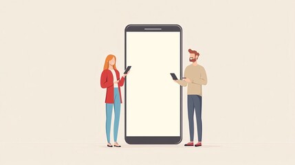 Poster - Young people using smartphones with giant blank screen displaying mobile app design