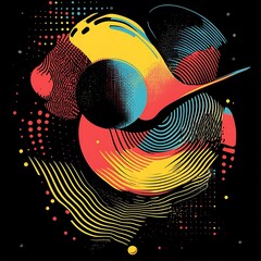 Sticker - Abstract colorful shapes, lines, circles on black background. Design element, poster, cover, wallpaper