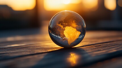 Wall Mural - Glass globe reflecting sunset on wooden surface.