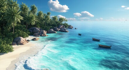  Tropical Beach with Crystal-Clear Blue Ocean and Palm Trees.
