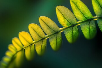 Wall Mural - Close-up of a fern frond, backlit, showing vibrant green and yellow hues.