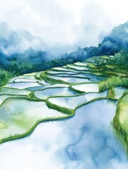 Poster - Serene flooded rice terraces nestled in a green valley under soft clouds in a tranquil landscape. Generative AI