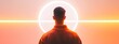 © Indri - Man facing a futuristic glowing circle, light beam in the background.  AI, technology concept