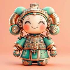 Wall Mural - Adorable 3D Render of a Chinese Empress Figurine in Teal and Gold