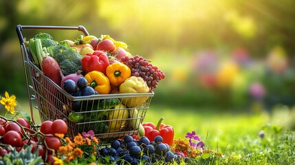Poster - Shopping cart overflowing with fresh fruits and vegetables in a garden