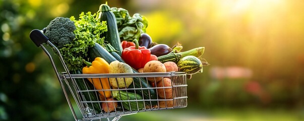 Poster - Shopping cart overflowing with fresh produce from local market