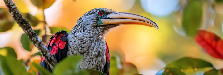 Poster - Rufus-necked hornbill perched on a tree branch amidst vibrant foliage.