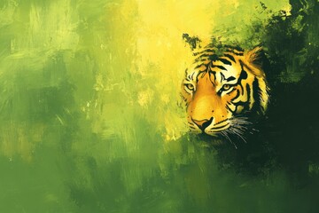 Aufkleber - Vibrant jungle portrait of a majestic tiger amidst rich green hues, inviting text placement for creative projects. Generative AI