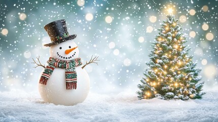 Wall Mural - Snowman and Christmas tree in the snow. AI.