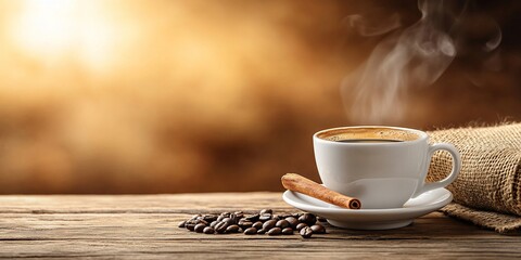 Wall Mural - Steaming cup of coffee on wooden table with coffee beans and cinnamon stick.