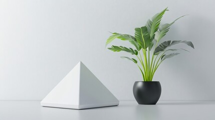 Wall Mural - Minimalist scene with white pyramid and potted plant against white wall.