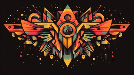 Sticker - Colorful geometric abstract bird, wings spread, dark background. Digital art, wallpaper, poster, cover