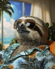 Canvas Print - Lazy sloth wearing sunglasses. AI.