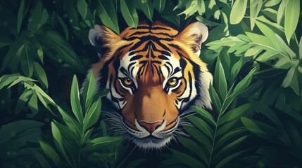 Aufkleber - Majestic tiger portrait showcasing intense gaze among lush green leaves in its natural habitat. Generative AI